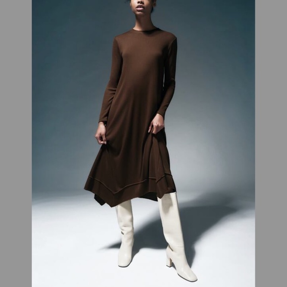 Zara brown long ribbed handkerchief midi dress NWT - Picture 2 of 9